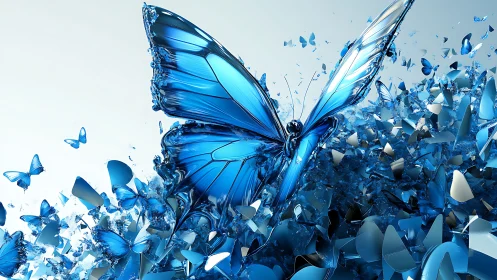 Crystal blue butterfly emerging from fracturing shards.
