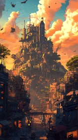 Vertical cyberpunk city tower under blazing sunset sky.