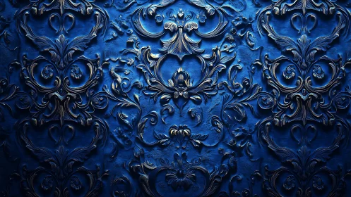 Ornate blue embossed wall pattern with baroque swirls.