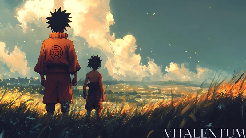 Two orange-clad wanderers overlooking sunlit valley vista.