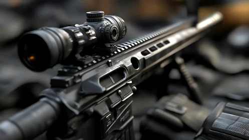 Precision rifle with mounted optic on tactical surface.
