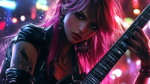 Pink haired rock guitarist in neon city lights at night.