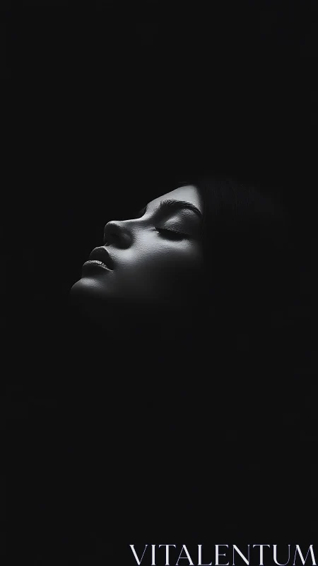 Low key portrait of serene woman emerging from darkness.