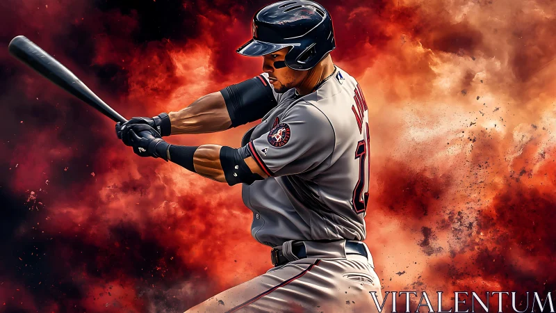 Baseball batter mid swing before abstract fiery backdrop.