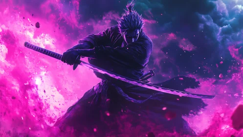 Samurai warrior with dual katanas in neon energy field.