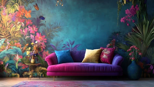 Vibrant velvet sofa nestles into a lush tropical mural dream
