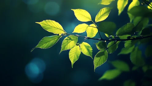 Sunlit Green Leaves on Branch with Soft Nature Background.