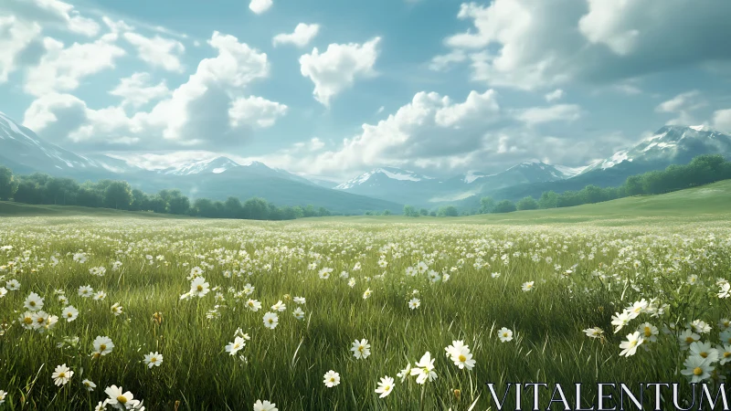 Expansive daisy field under clouds and distant mountains.