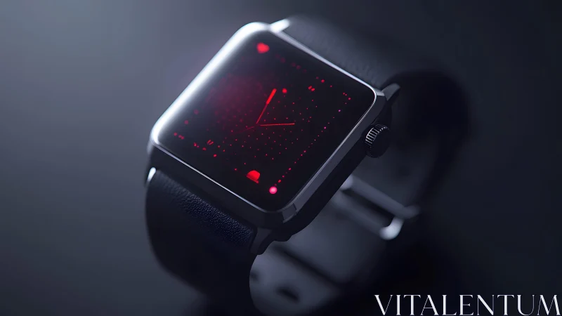 Futuristic digital smartwatch with glowing red display in dark setting.