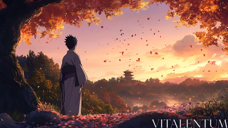 Solitary figure observes distant pagoda at autumn sunset