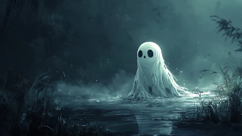 Ghost-like sheet figure stands alone in a misty swamp