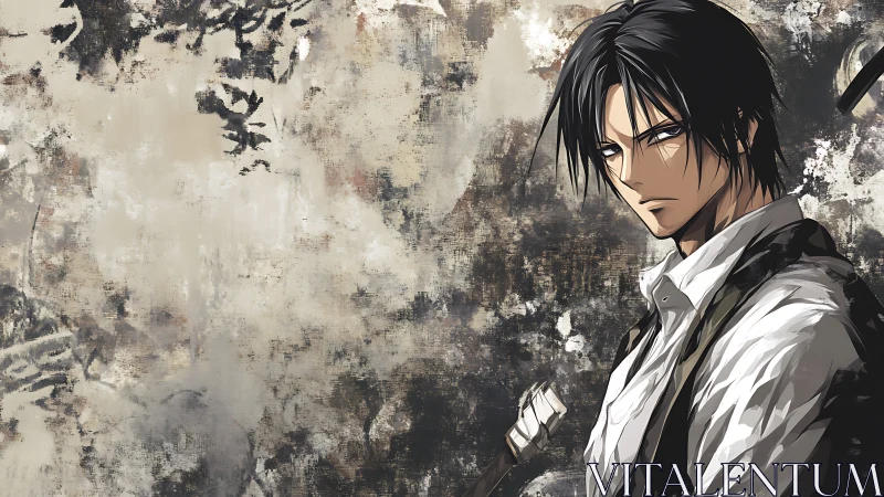 Stoic anime swordsman framed by textured abstract wall