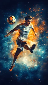 Dynamic soccer star leaping through glowing cosmic sparks.