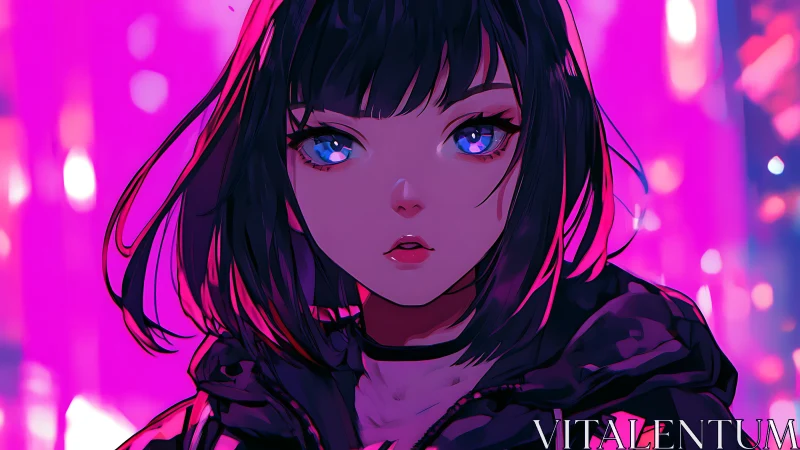 Neon city girl gazes ahead in vivid cyberpunk glow.