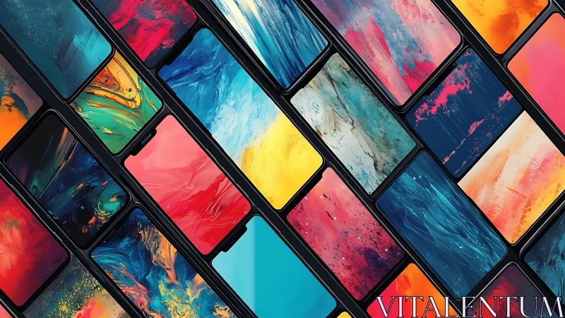 Diagonal smartphone grid displays abstract neon gradient art