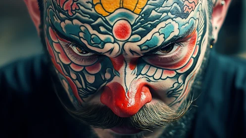 Intense close-up portrait with full-face neo-traditional tattoo.