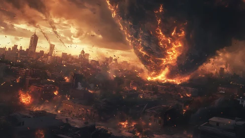 Fiery storm cloud rolls over a city in tense twilight calm