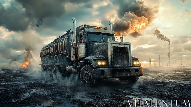 Diesel titan prowls a burning mire beneath bruised clouds