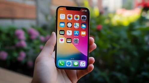 iPhone Home Screen with Gradient Wallpaper Held in Garden.