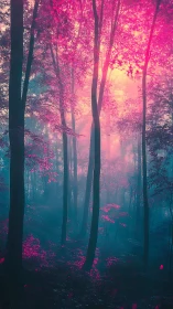 Misty forest path bathed in vivid magenta and teal light