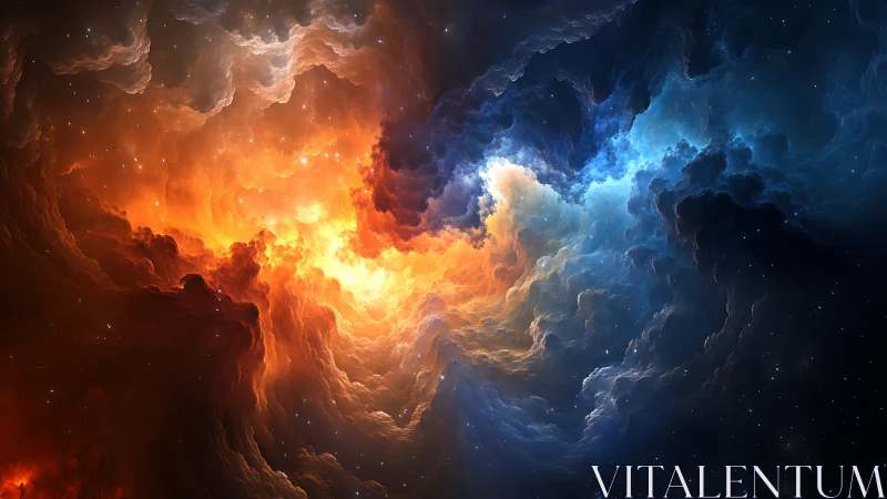Cosmic nebula with contrasting orange and blue clouds.