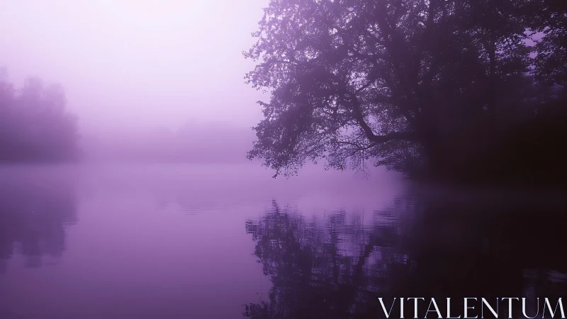 Fog-covered lakeside trees under monochrome purple light.