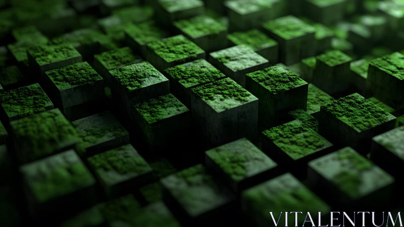 Moss-Covered 3D Cubes in Abstract Geometric Digital Art Style. Moss-Covered 3D Cubes in Abstract Geometric Digital Art Style.