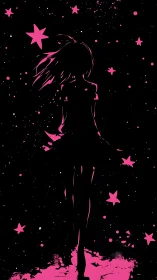 Silhouetted female figure stands amid high contrast star field