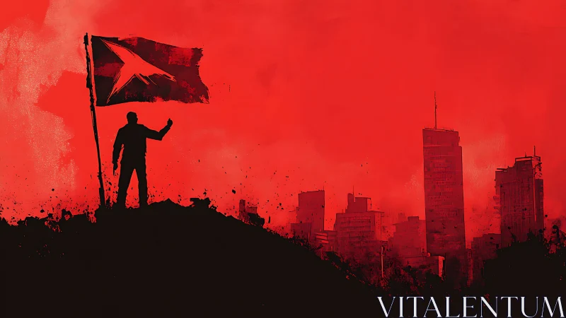 Silhouette of a lone protester raises flag over red cityscape.