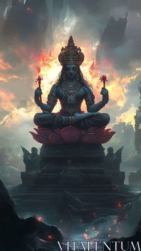 Divine blue deity levitates on flaming lotus in misted ruins