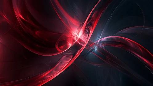 Crimson energy ribbons twist through a deep cosmic void