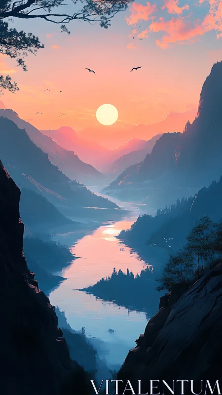 Sunlit river gorge recedes through atmospheric layered mountains