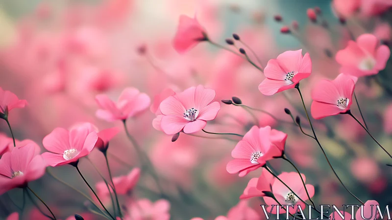 Pink cosmos flowers bloom in soft focus garden scene.