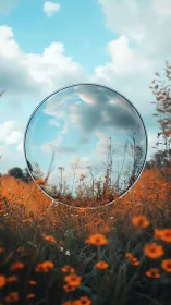 Circular mirror reflects sky above golden wildflower field.