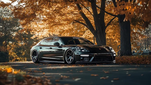 Low-profile black sedan stands on forest road in autumn