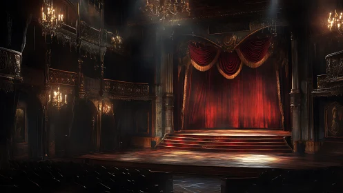 Grand proscenium stage under dramatic low-key theater lighting