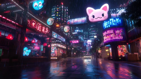 Rain-soaked neon avenue with oversized holographic cat mascot