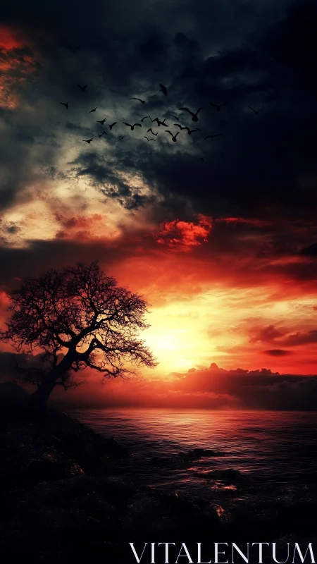 Dramatic crimson seascape sunset with silhouetted coastal tree.