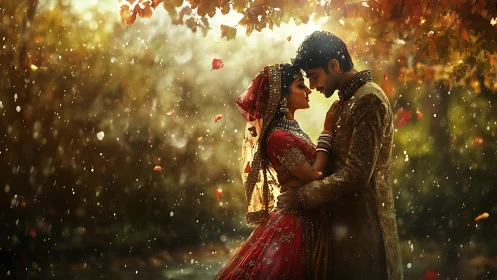 South Asian Bridal Couple in Autumn Garden With Particle Effects