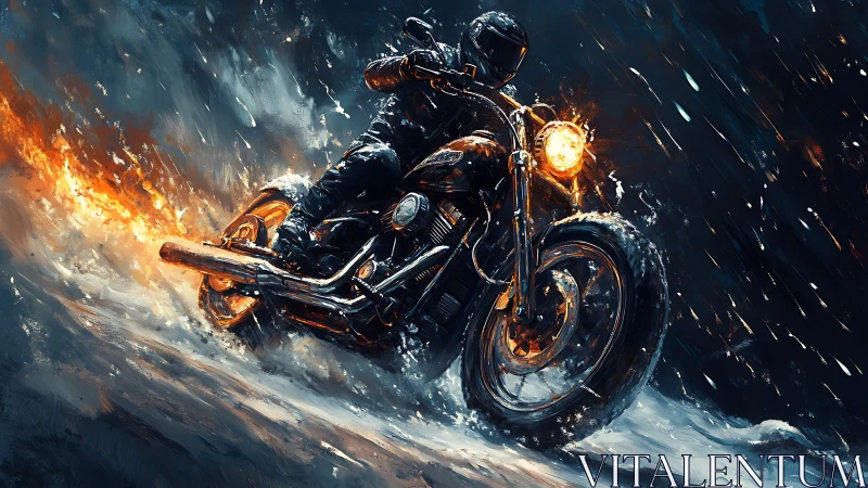 Motorcyclist rides through fire and storm on dark highway.
