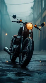 Retro motorcycle stands under foggy alley streetlights