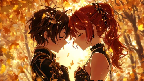 Two anime figures facing closely amid autumn foliage scene.