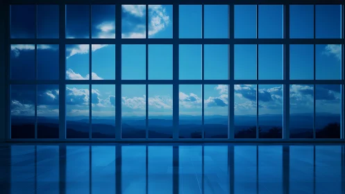 Blue-toned panoramic windows overlooking distant mountains.