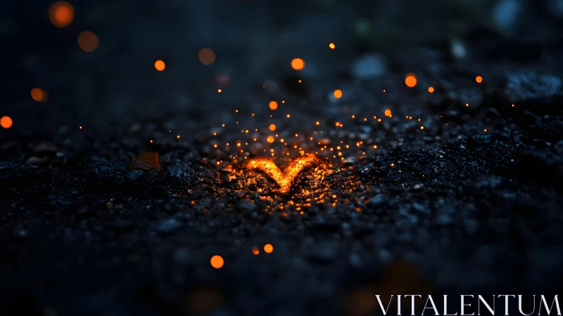 Glowing Ember Heart on Dark Ground, Moody Nighttime Scene.