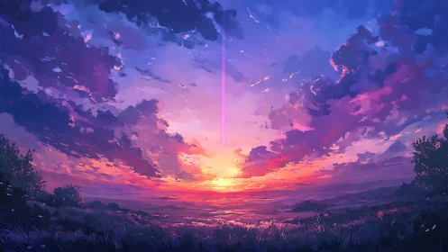 Digital sunset panorama with radiant atmospheric gradient sky.