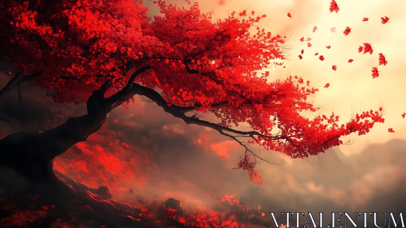 Scarlet tree bending into a dreamy autumn sunrise sky.