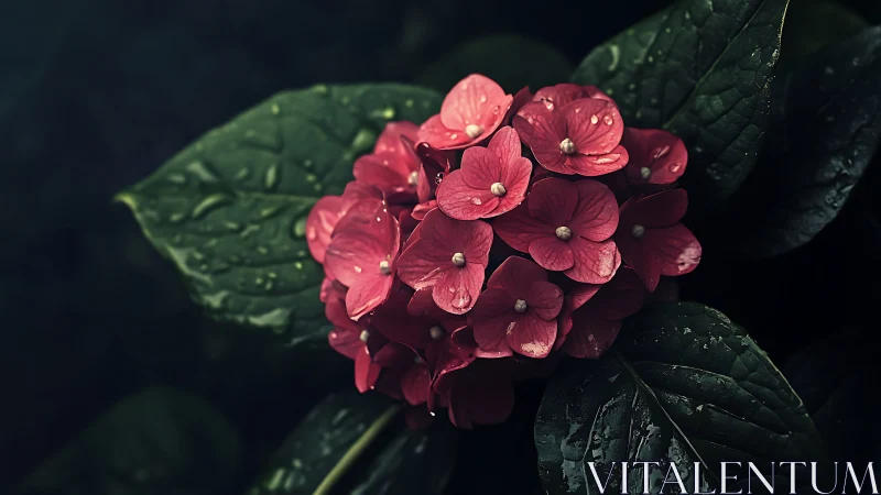 Rain-kissed crimson hydrangea blooms in moody botanical darkness