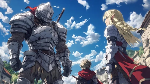 Armored knight, elven warrior and squire under dramatic sky