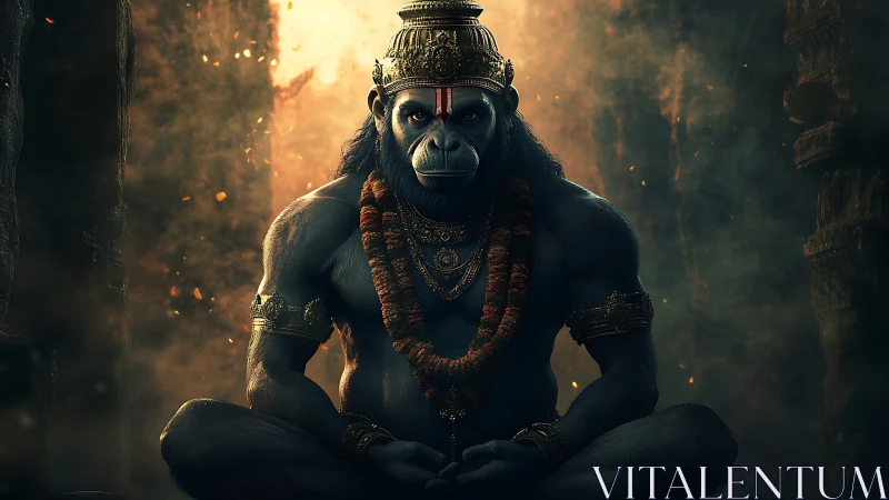 Mythic simian warrior meditates in molten temple glow.