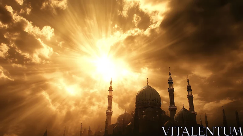 Mosque silhouette under intense golden backlit sky.